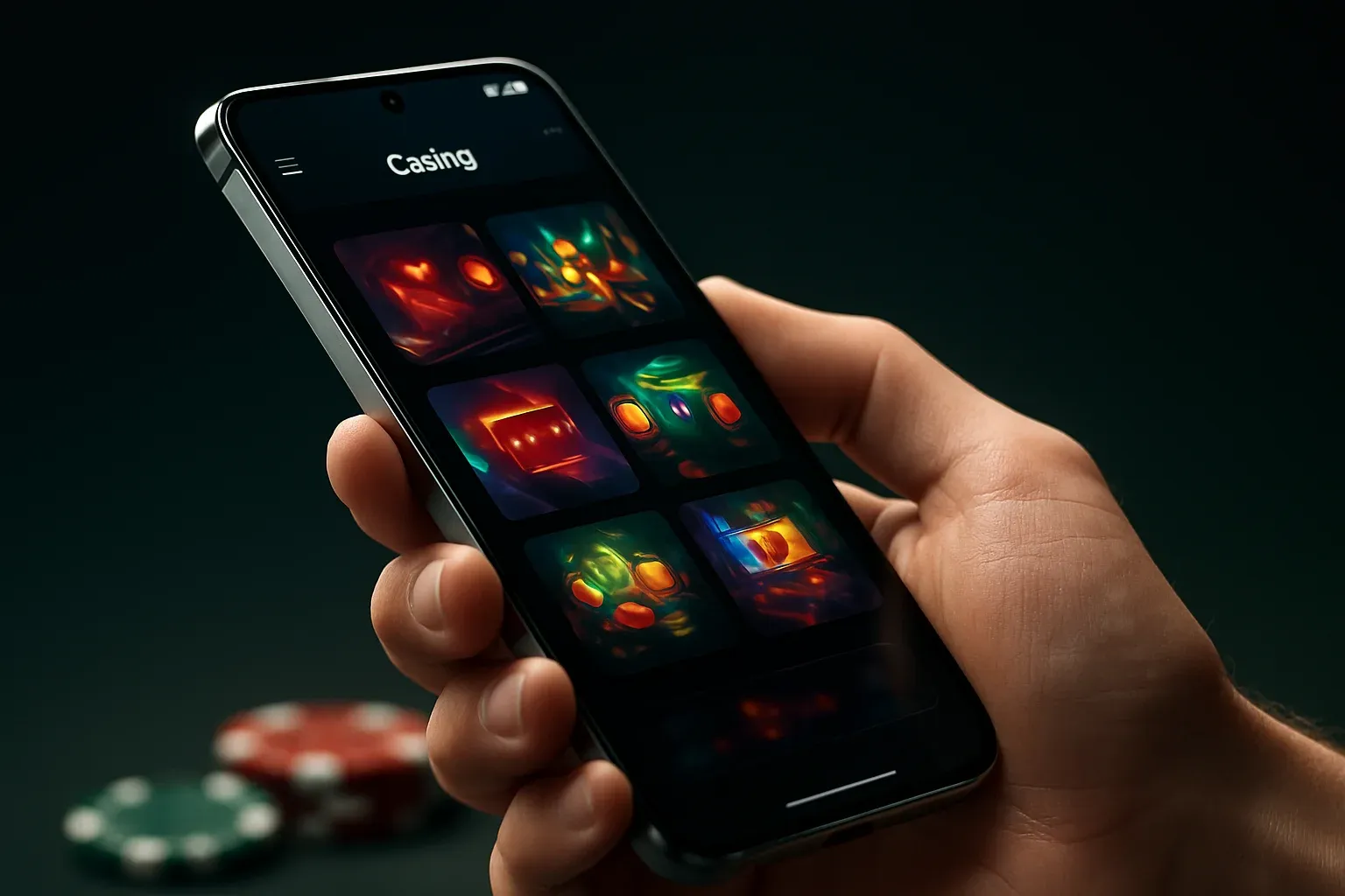 Flagship Android smartphone displaying vivid casino app interface in dramatic lighting