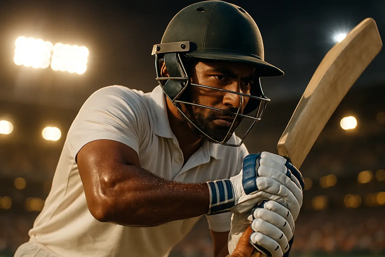 Bangladeshi male cricket batsman mid-swing under dramatic stadium floodlights