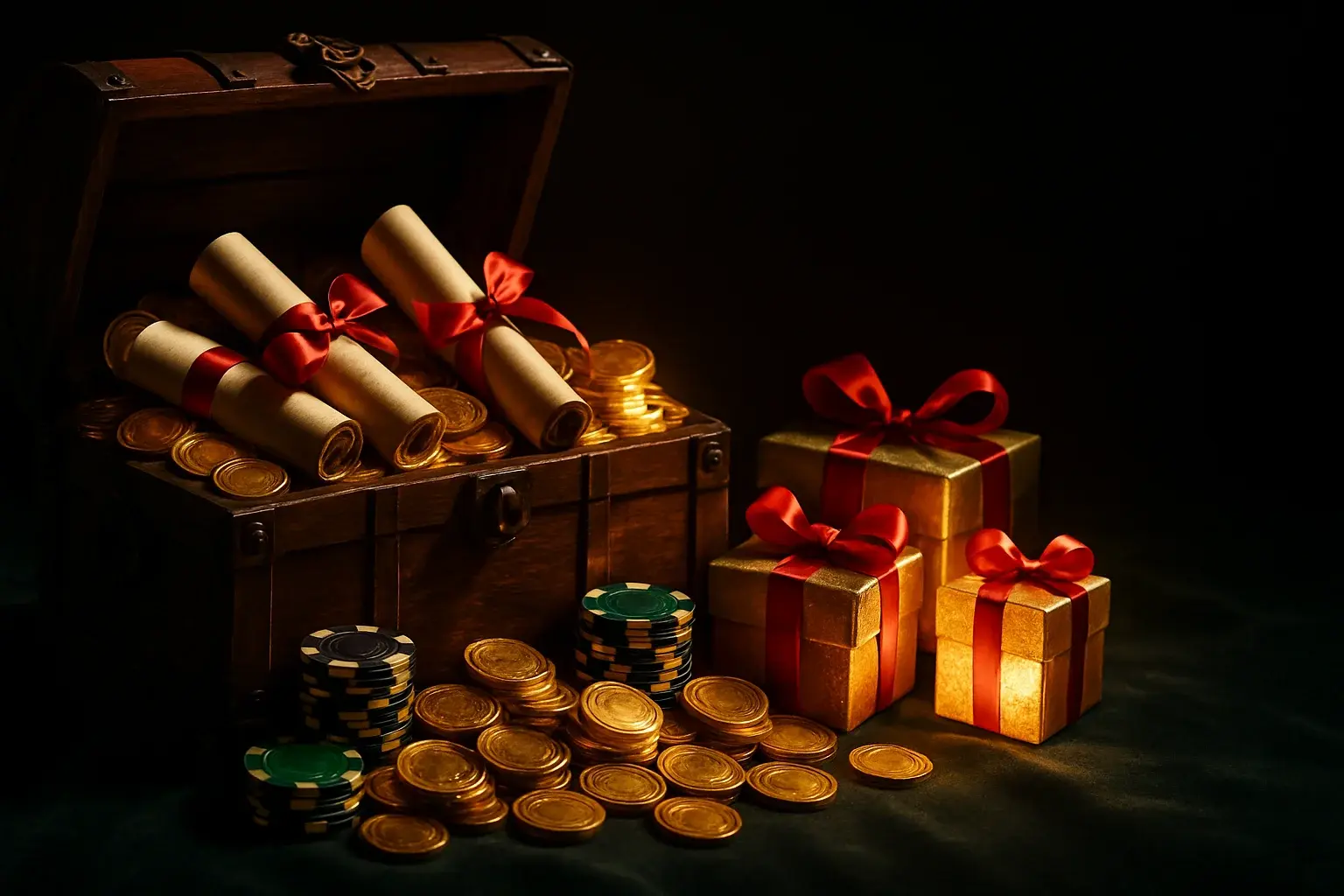 Overflowing treasure chest with coins, casino chips, vouchers, and gift boxes