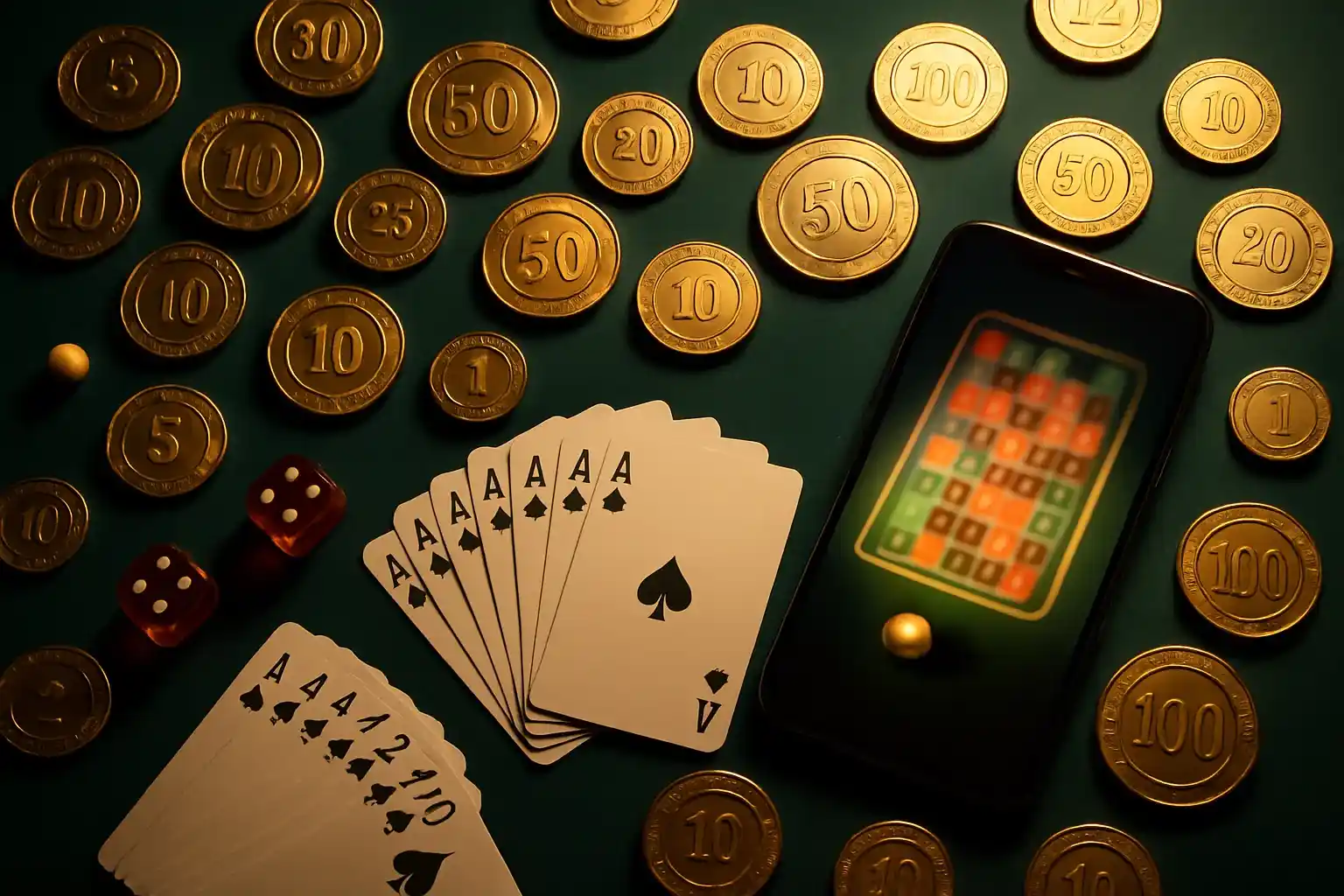 Top-down casino table with gold chips, cards, dice, roulette ball, smartphone
