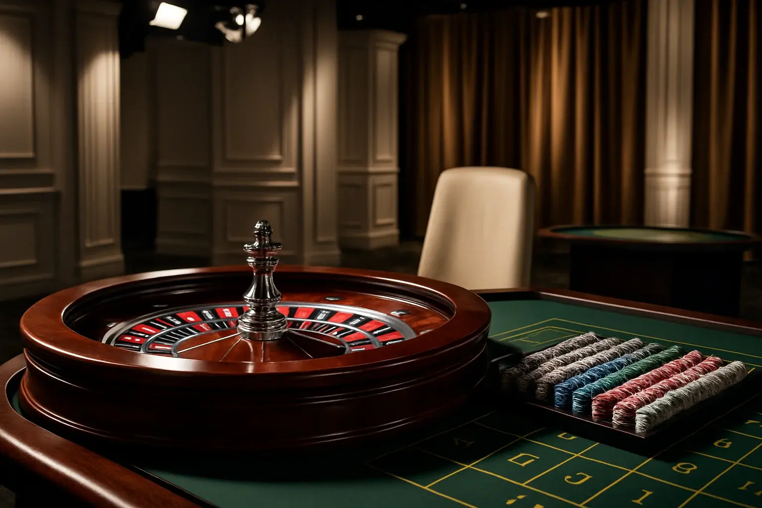 Hyperrealistic live casino studio with empty roulette table and dramatic lighting