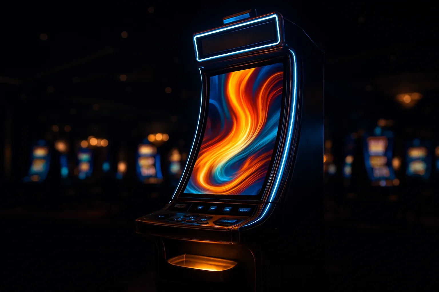 Hyperrealistic premium slot machine glowing in dark luxury casino floor